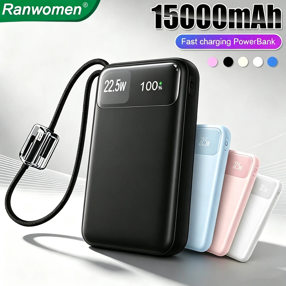15000mAh Or 30000mAh Portable Power Bank 22.5W With Dual Fast Charging Cable For Xiaomi iPhone 16 17 Pro USB A Type C PowerBank