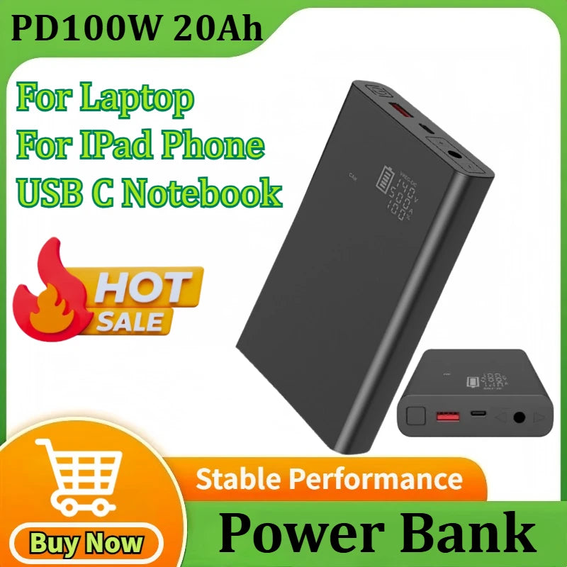 PD100W 20000mAh External Battery Pack for Laptop for Phone USB C Notebook DC 12V 16.5V 19V 20V 24V Power Bank Portable Charger