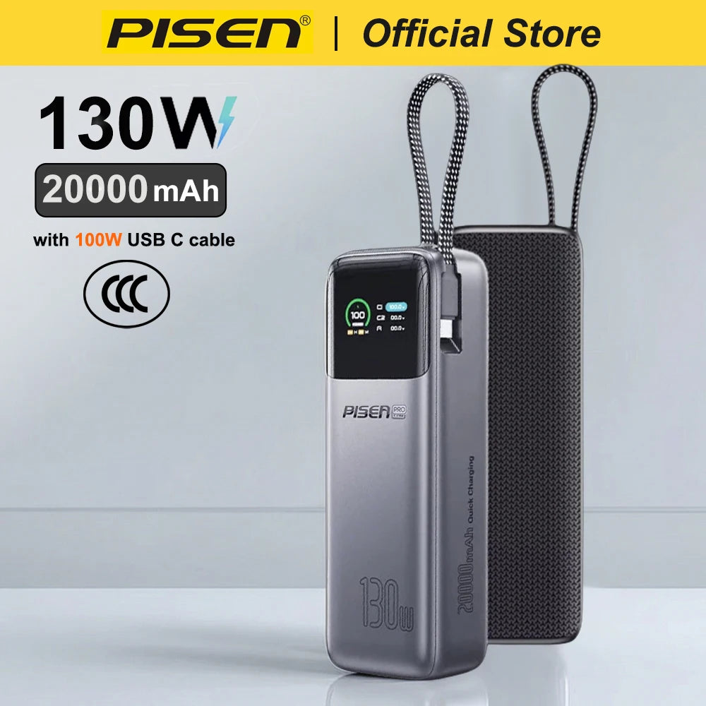 PISEN 130W Tablets Super Fast Charging Power Bank 20000mAh With Type C Cable External Battery for Laptop Notebook IPhone Macbook