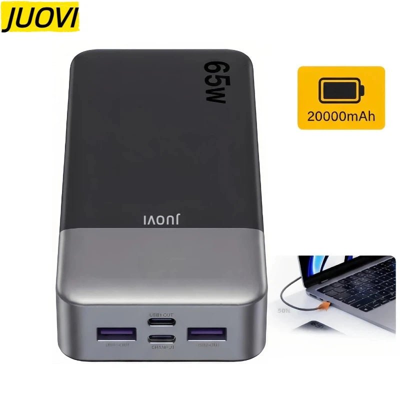 JUOVI 20000mAh Power Bank 65W PD Fast Charging 4 Ports USB-C Portable Charger for Laptop iPhone Samsung LED Display Safe Travel