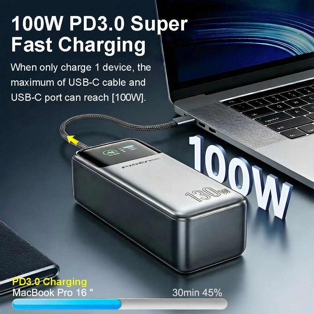 PISEN 130W Tablets Super Fast Charging Power Bank 20000mAh With Type C Cable External Battery for Laptop Notebook IPhone Macbook