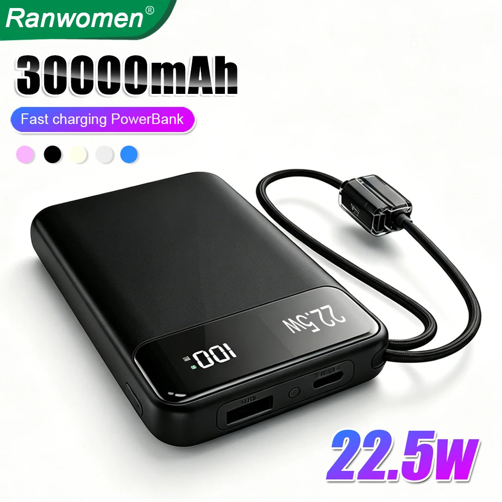 30000mAh Power Bank 22.5W With USB Type C Fast Charging Cable For Xiaomi iPhone 17 16 Pro Max Huawei Universal Phone PowerBank