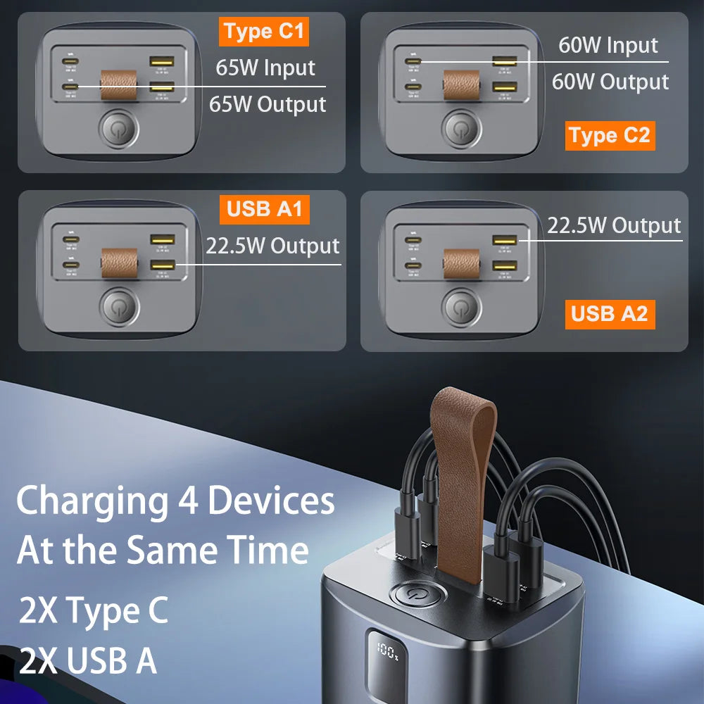 PISEN 60000mAh Large Capacity Power Bank PD3.0 65W Fast Charging Powerbank With Outdoor Camping Lamp For iPhone Laptops MacBook