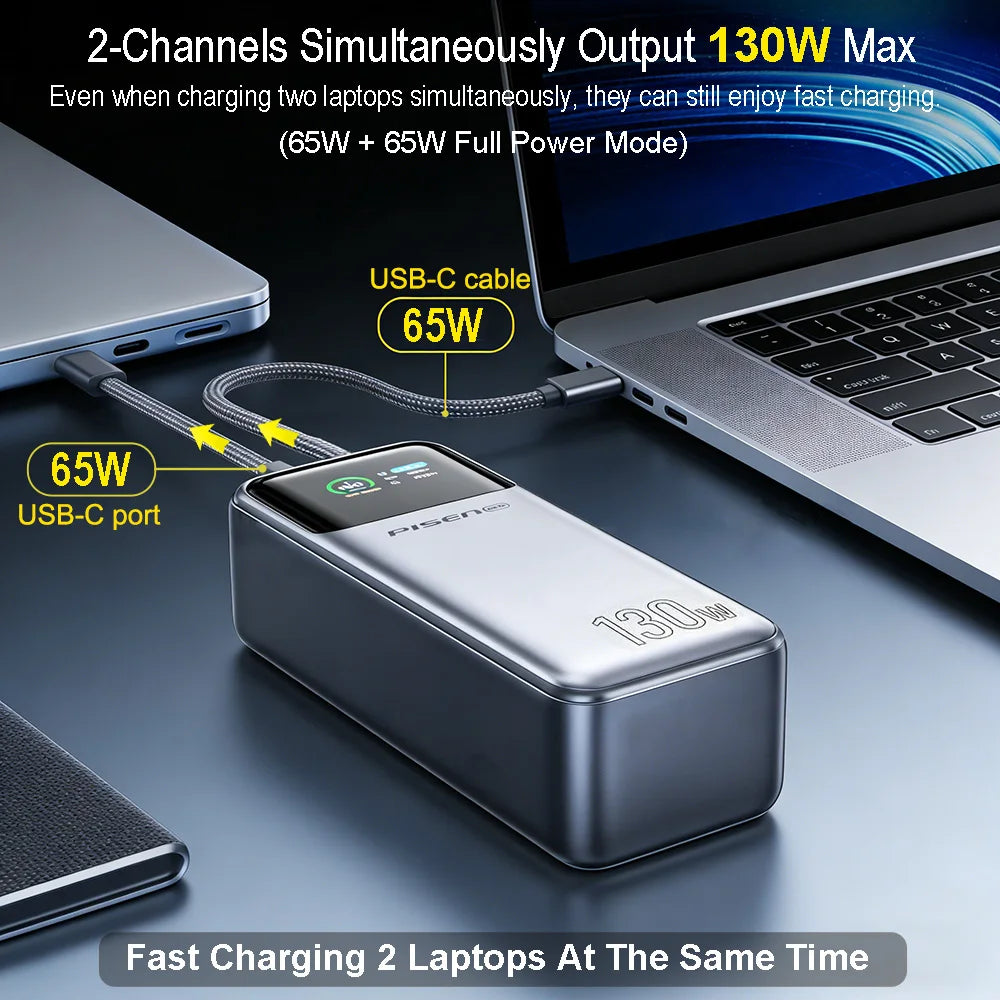 PISEN 130W Tablets Super Fast Charging Power Bank 20000mAh With Type C Cable External Battery for Laptop Notebook IPhone Macbook